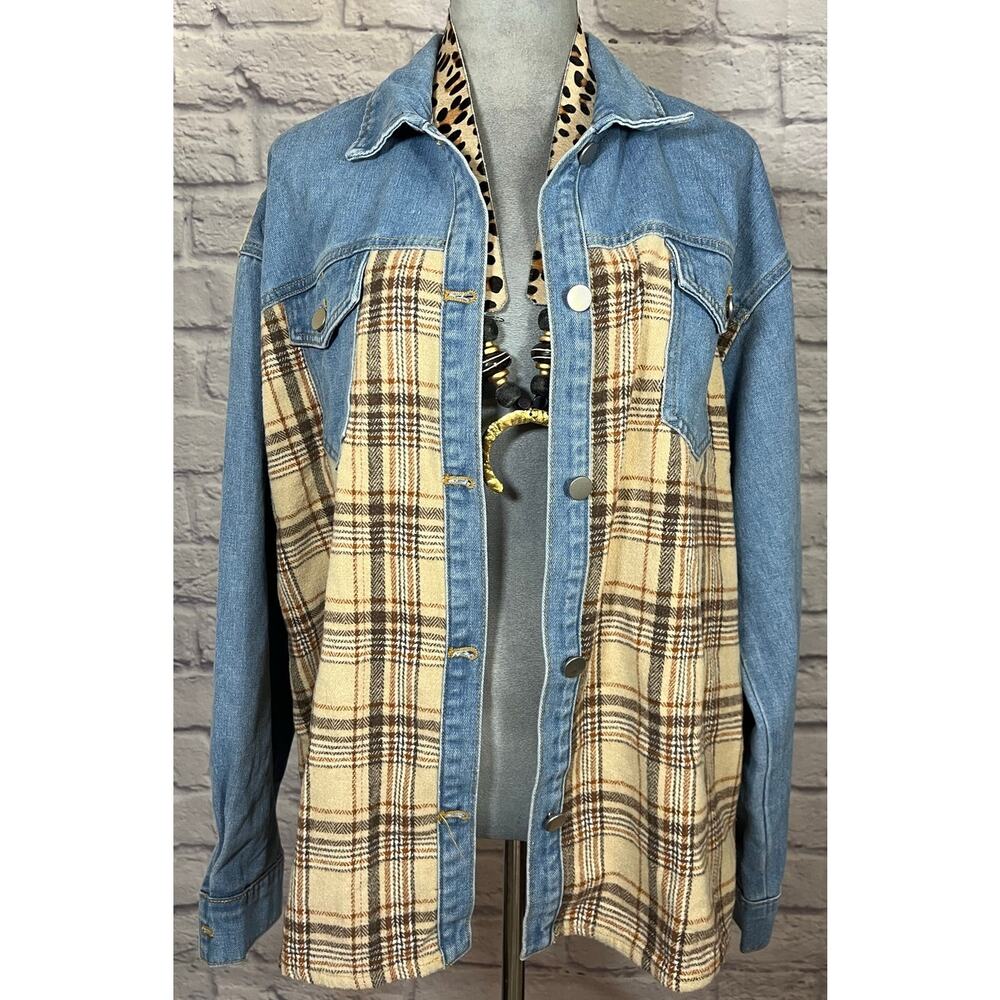 NWT Kancy Kole Boho Patchwork Flannel and Denim Shacket/Jacket - Picture 2 of 9